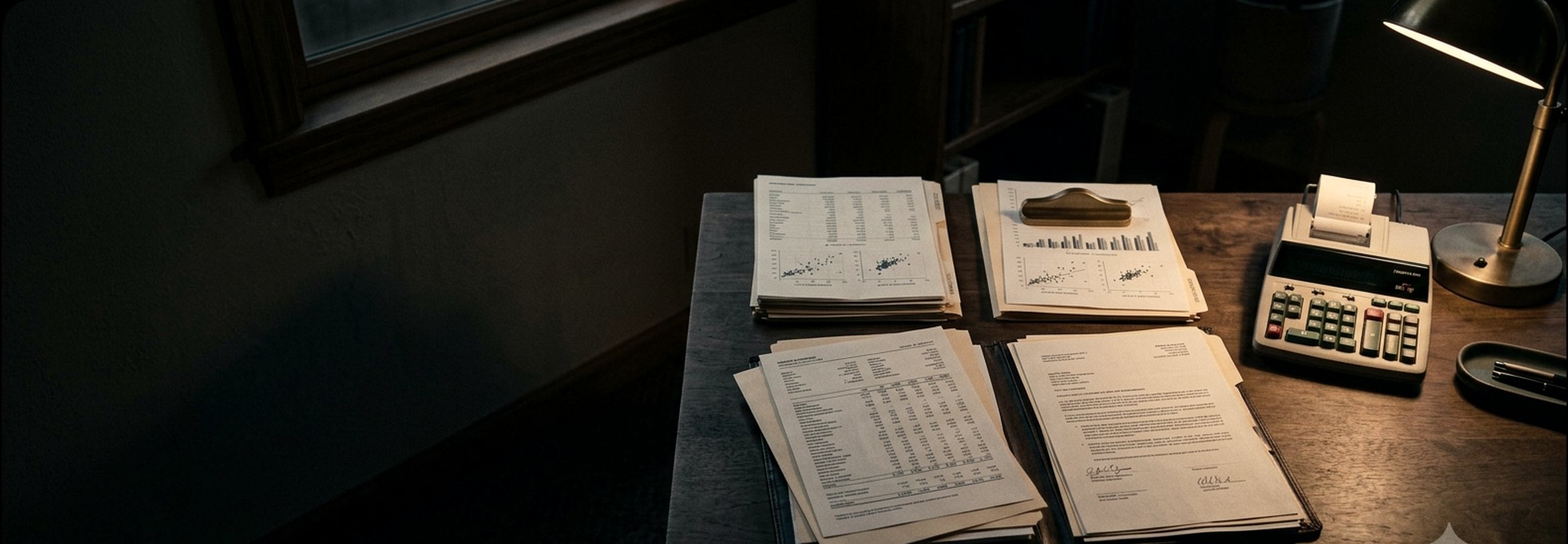 Documentos fiscais e calculadora sobre mesa de madeira escura