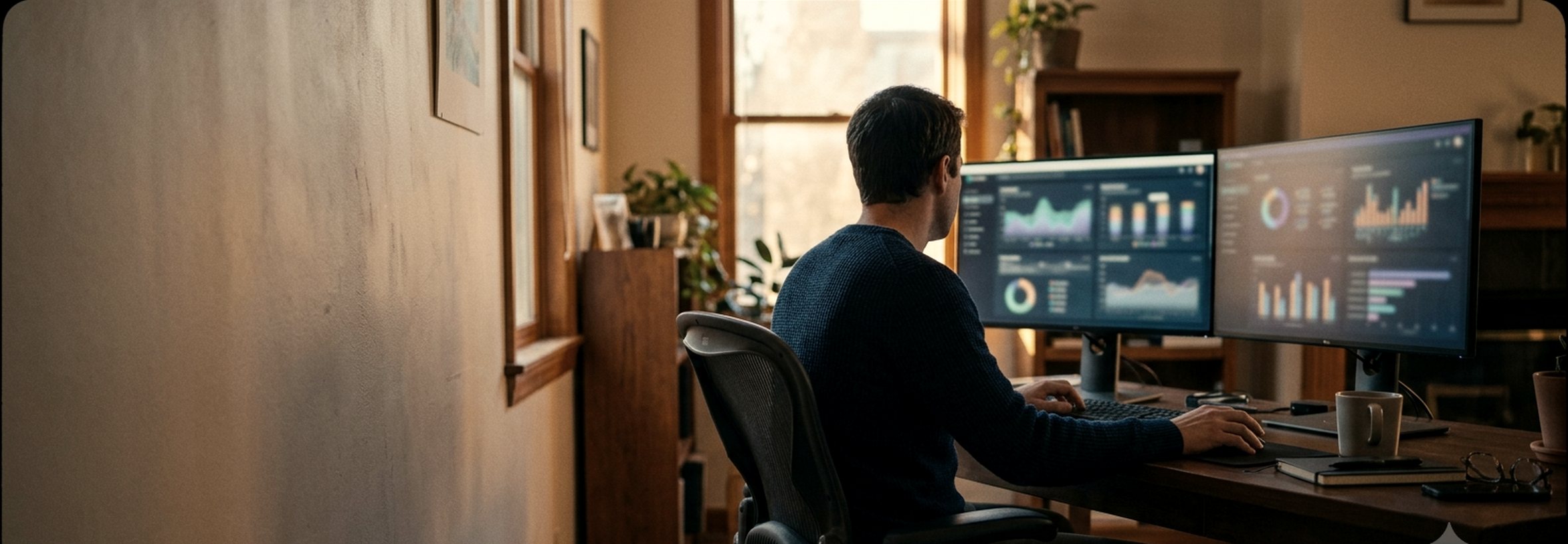 Pessoa trabalhando em escritório diante de dois monitores com gráficos